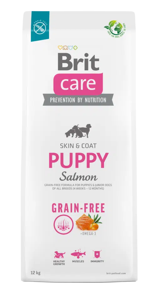 brit care dog grain-free puppy jaunų šunų maistas su lašiša