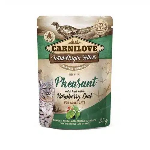Carnilove konservai katėms maišeliuose Pheasant Raspberry Leaves