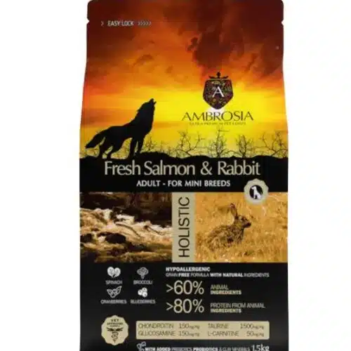 Ambrosia Grain-Free Adult Mini Fresh Salmon & Rabbit - begrūdis sausas maistas mažų veislių šunims su triušiena